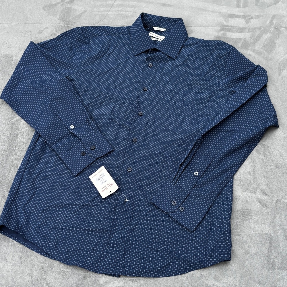Lucky Brand Button Up Shirt M Blue Geometric Print 4-Way Stretch Slim Fit New